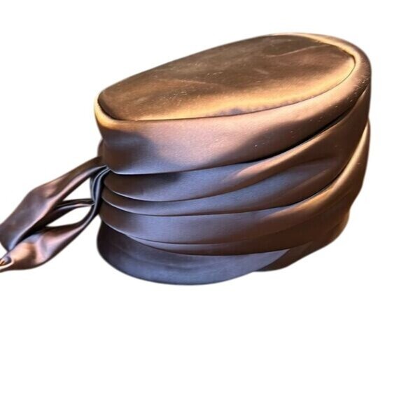 None Accessories - Vintage Brown Satin Pillbox Hat With Ribbon